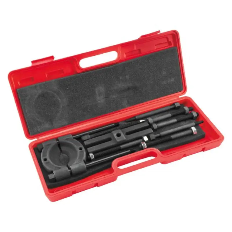 Red tool case with black tools for BikeMaster Bearing Puller and bearing removal