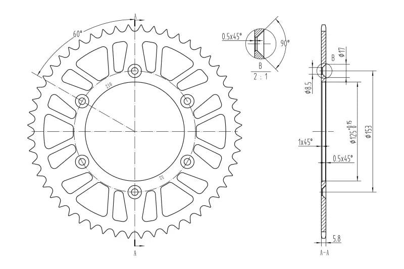 Technical drawing of BikeMaster Beta Rear Steel Sprocket 520 52T with dimensions