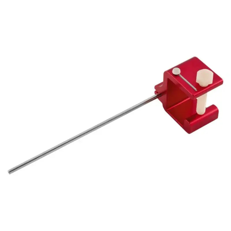 Red metal and white plastic Bikemaster chain alignment tool with long metal rod for precise chain alignment