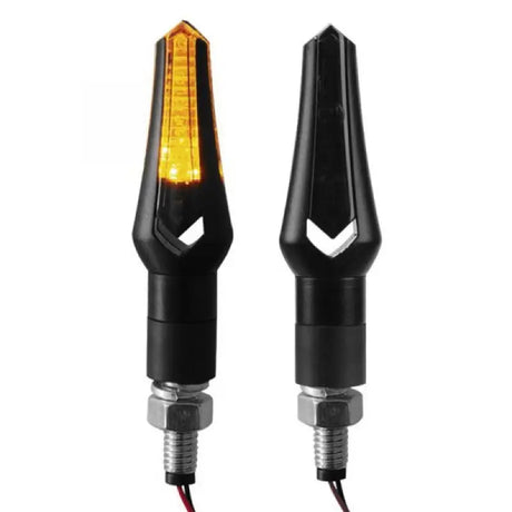 Black BikeMaster Dagger Turn Signal with one illuminated for superior motorcycle visibility