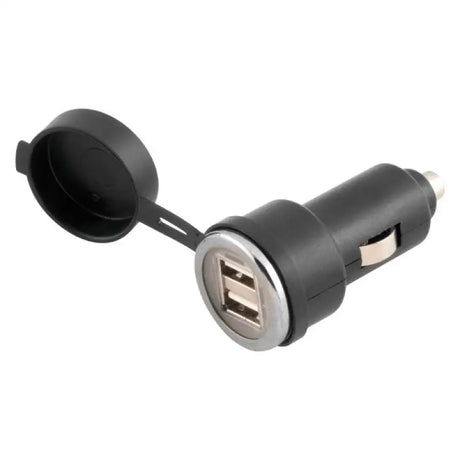 Black BikeMaster dual USB power adapter with dual USB ports and protective cap