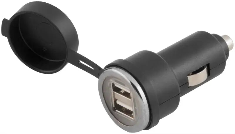 Black BikeMaster dual USB power adapter with protective cap for easy USB power charging