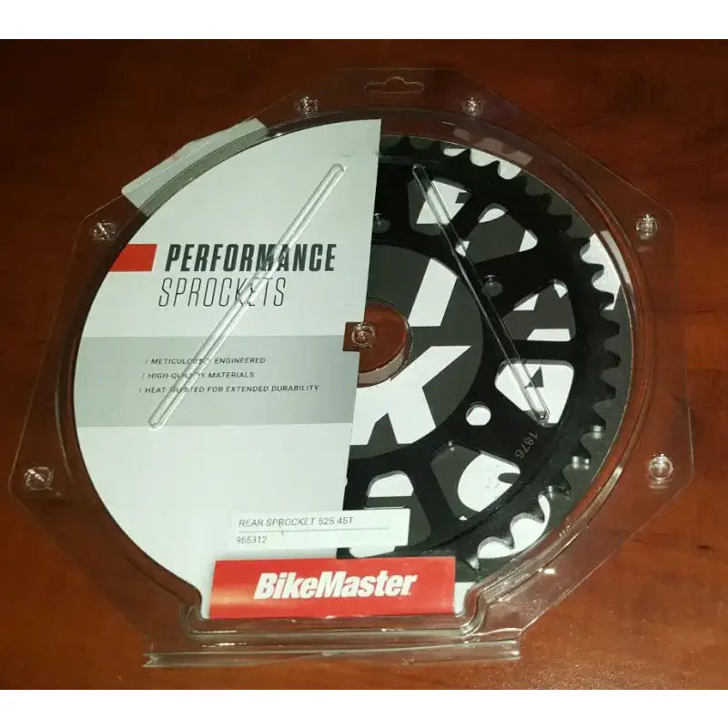 Black rear steel sprocket in packaging for BikeMaster Ducati Rear Steel Sprocket 520 45T