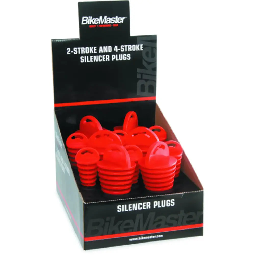 Red BikeMaster exhaust plug display box with 12 Bikemaster exhaust plugs for bikes