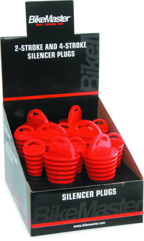 Red BikeMaster exhaust plug display box with 12 Bikemaster exhaust plugs for bikes