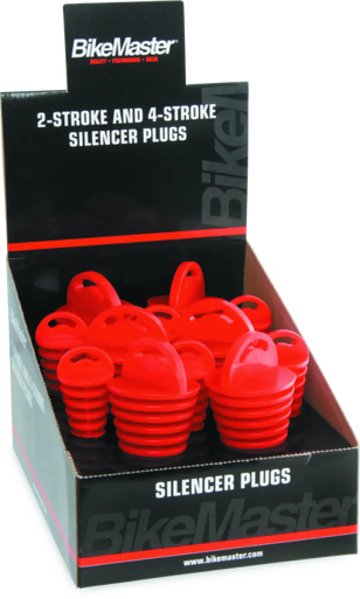Red BikeMaster exhaust plug display box with 12 Bikemaster exhaust plugs for bikes