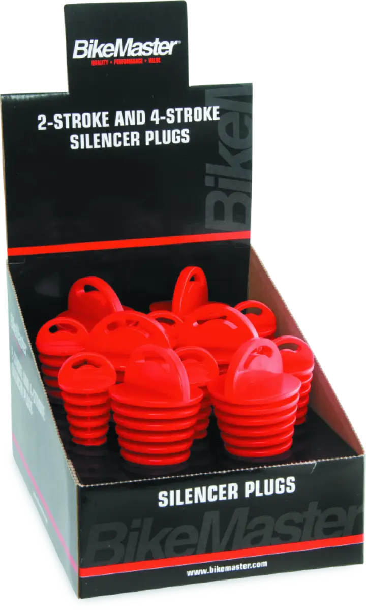 Red Bikemaster exhaust plug shown in BikeMaster exhaust plug display for bikes