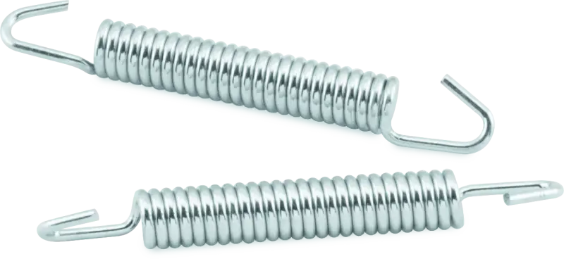 Two silver bikemaster exhaust springs with hooked ends for motorcycle exhausts