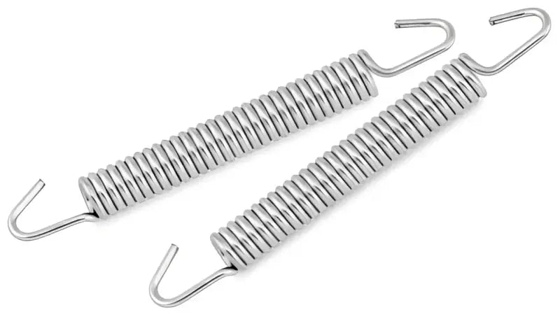 Two silver bikemaster exhaust springs with hooked ends for bike exhausts
