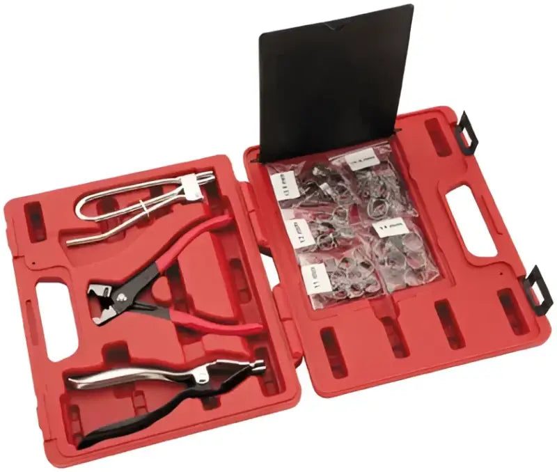 Hose clamp plier set in red case from BikeMaster Fuel Line Tool Kit for bikemaster fuel line repair