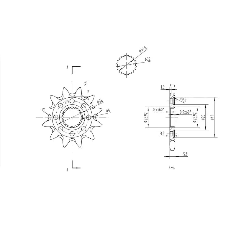 Technical drawing of BikeMaster Gas Gas front sprocket 520 12T with dimensions