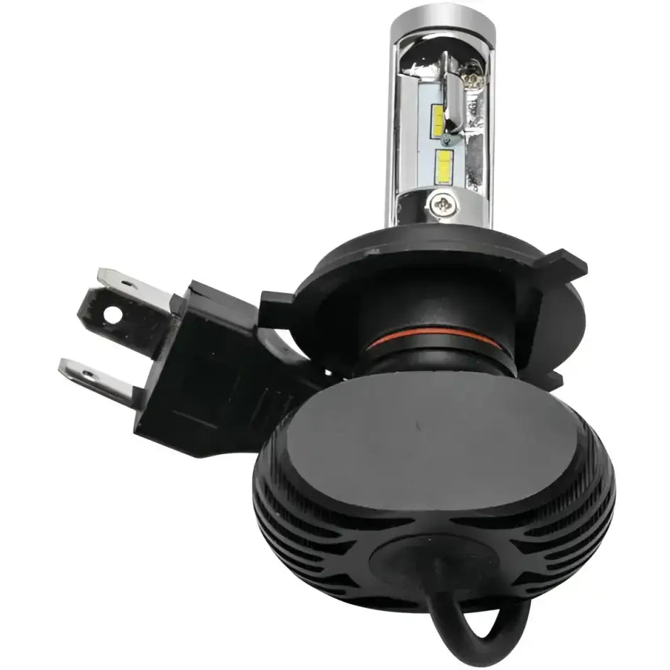 BikeMaster H-4 LED Bulb with connector showcasing advanced LED technology for bright headlights