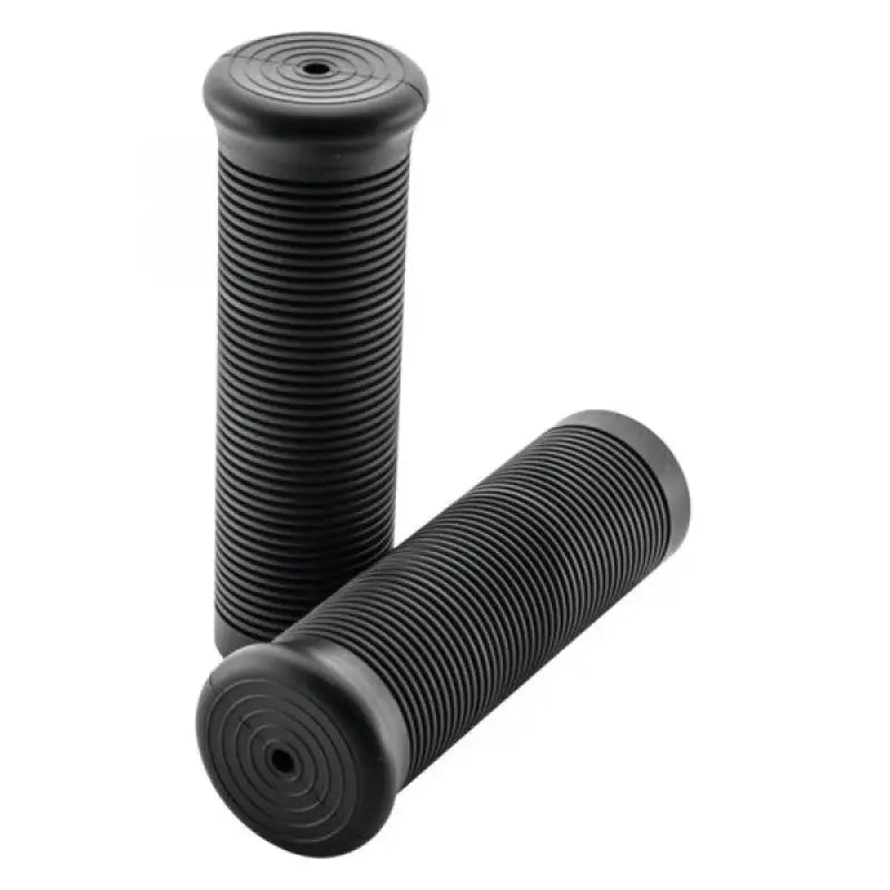 Black bikemaster high fidelity grips with ribbed handles for a comfy ride