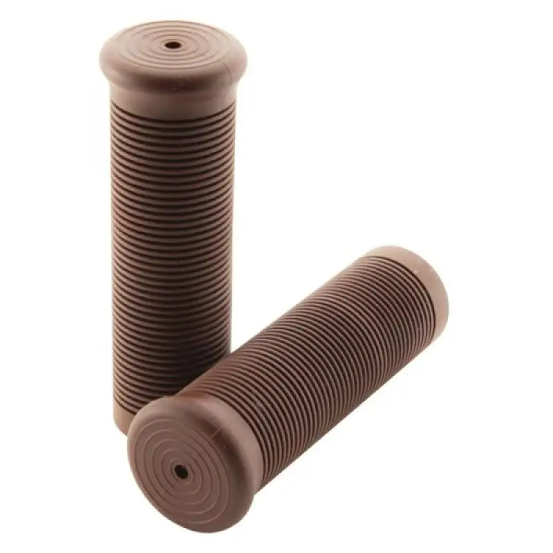 Brown ribbed bicycle handlebar grips from BikeMaster High Fidelity Grips for a comfy ride