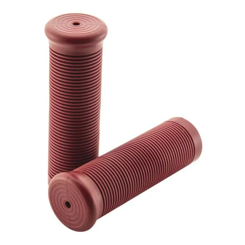 Pair of Maroon BikeMaster High Fidelity Grips for comfortable cycling rides