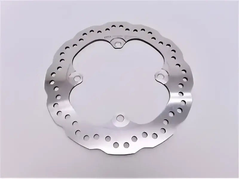 Silver metal BikeMaster Honda Contour brake rotor with circular perforations for Honda Contour brake smart fit
