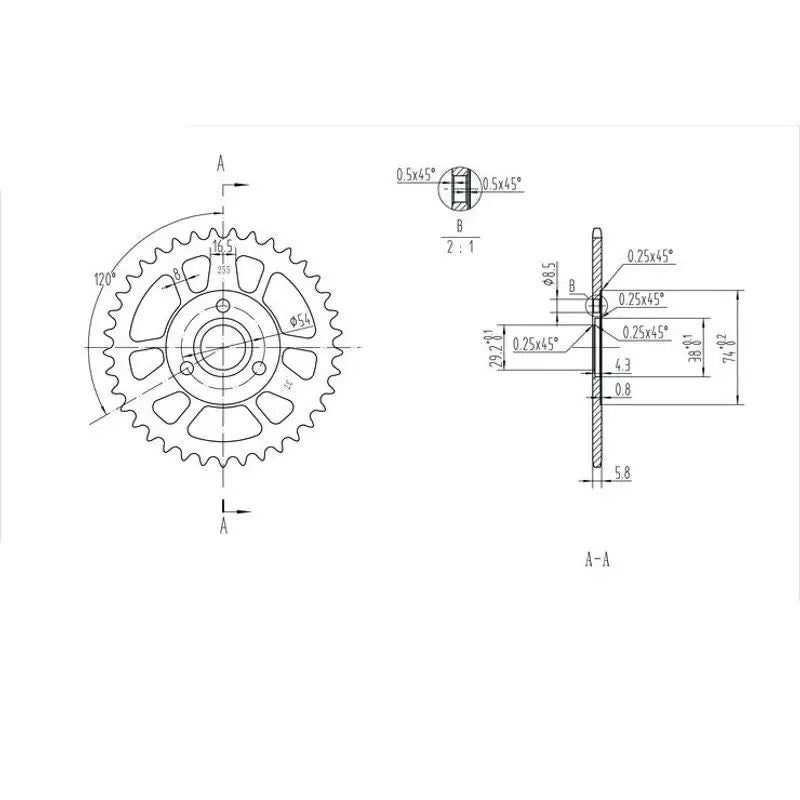 Technical drawing of a BikeMaster Honda rear steel sprocket 420 37T black rear steel sprocket