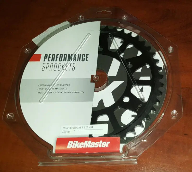 Black steel sprocket in packaging for BikeMaster Honda rear steel sprocket 45T