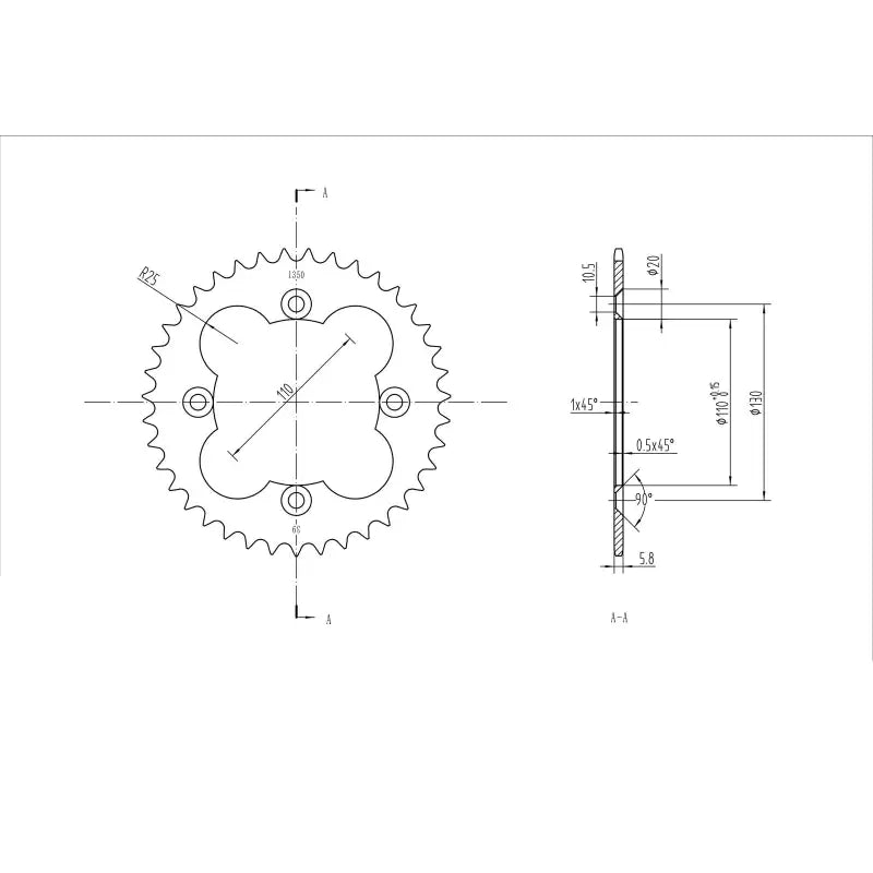 Technical drawing of a Honda rear steel sprocket for BikeMaster 520 39T bike upgrade