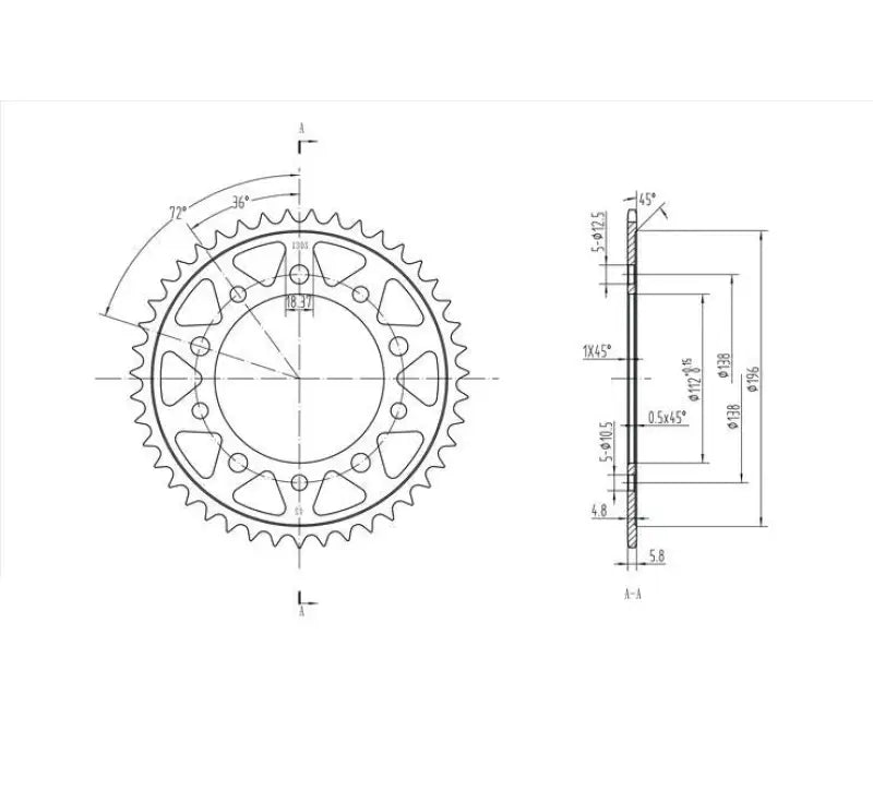 Technical drawing of a BikeMaster Honda rear steel sprocket 520 43T black steel sprocket