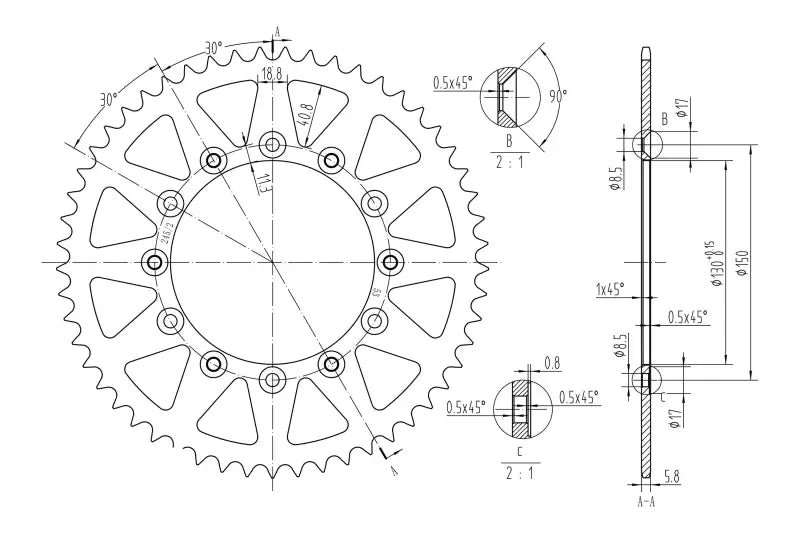 Technical drawing of BikeMaster Honda Rear Steel Sprocket 520 53T with dimensions