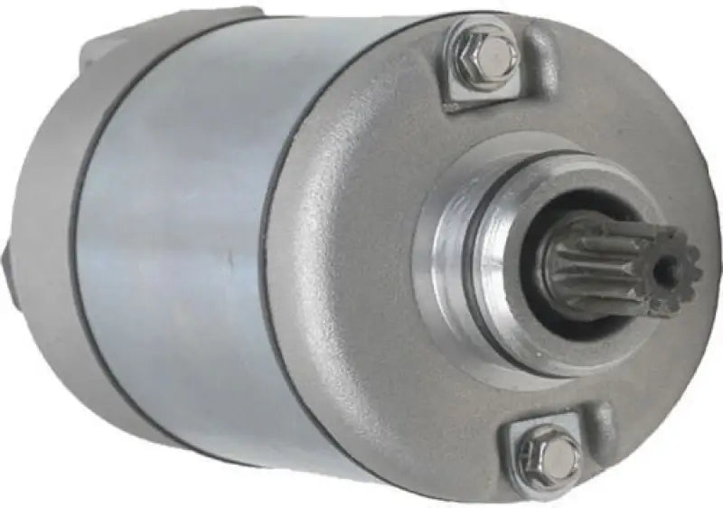 Silver-toned electric motor with splined shaft for Bikemaster Honda Starter 153763