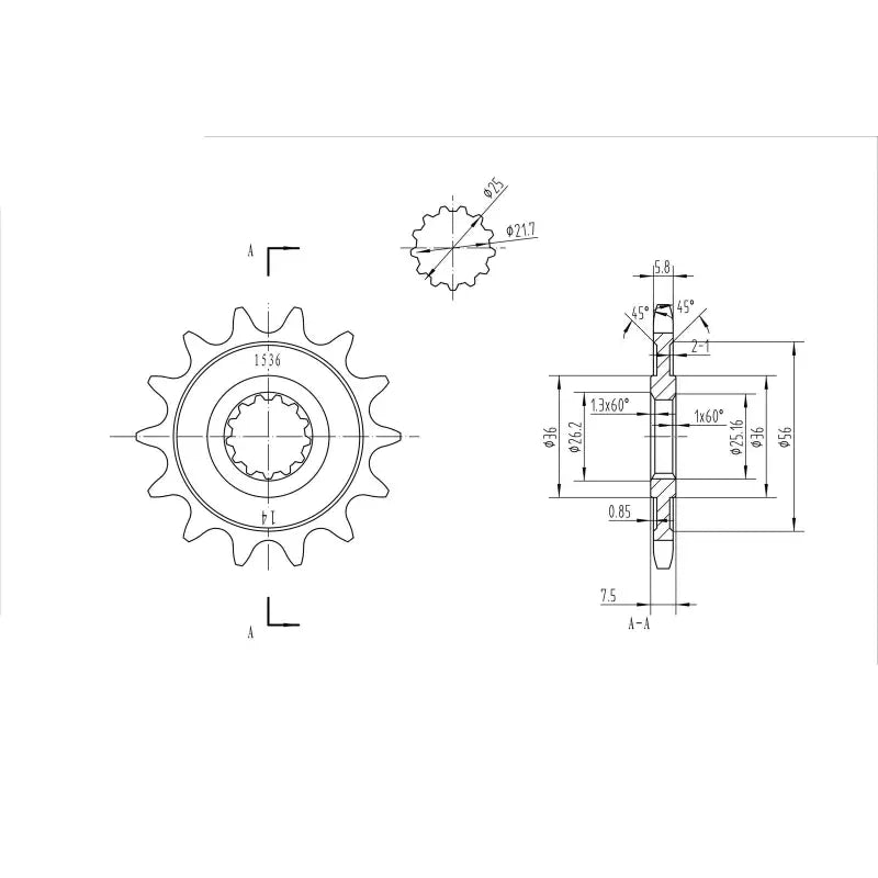 Technical drawing of a BikeMaster Kawasaki front sprocket with dimensions for optimal performance