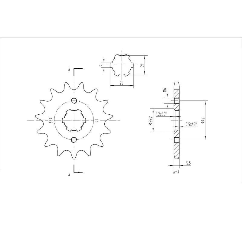 Technical drawing of a BikeMaster Kawasaki front sprocket for power transfer and easy installation