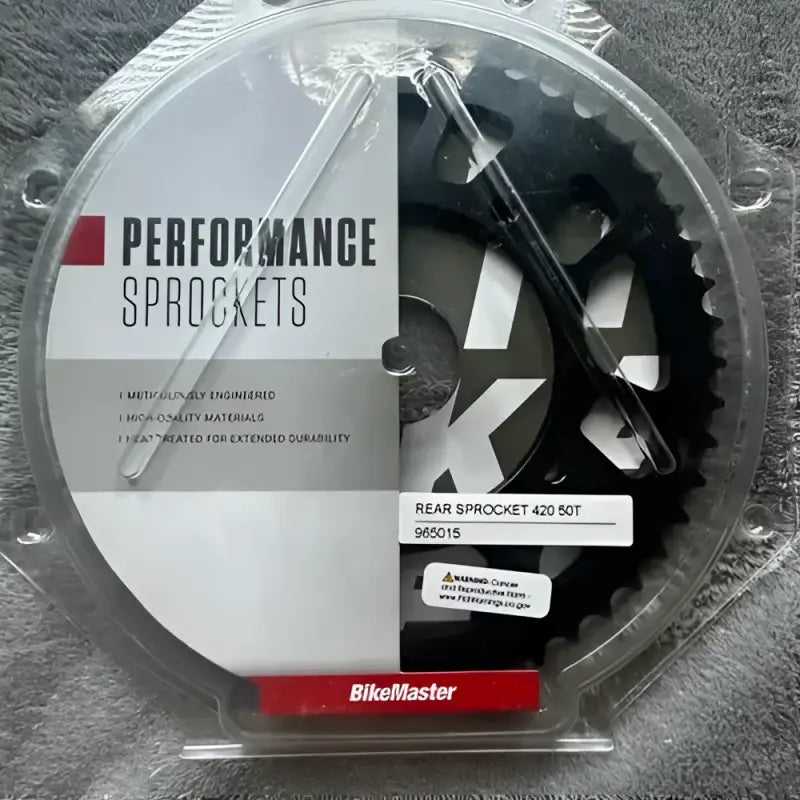 BikeMaster rear steel sprocket in packaging for Kawasaki 50T black steel sprocket