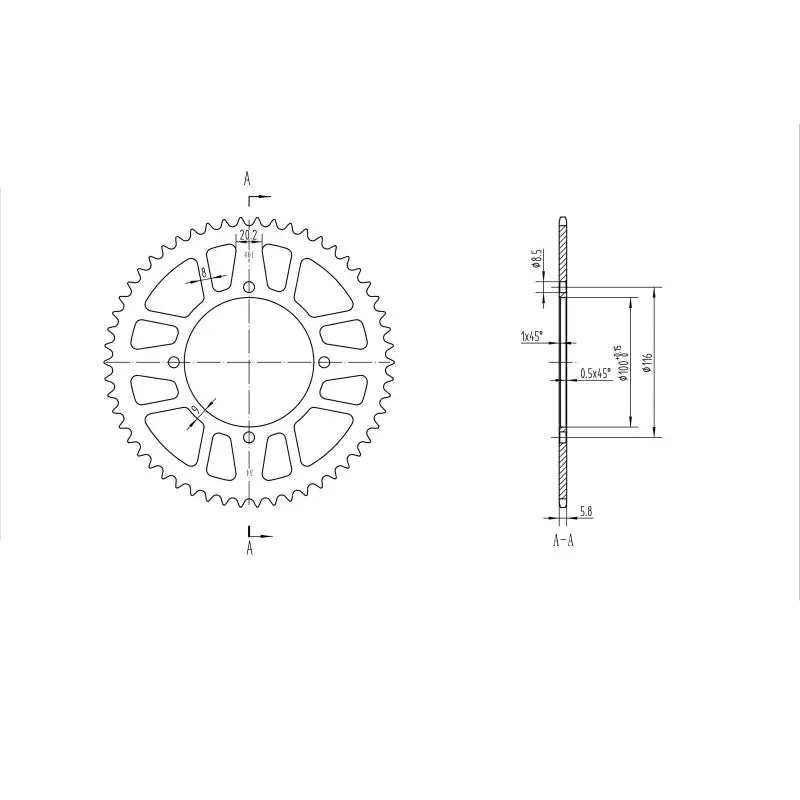 Technical drawing of a BikeMaster Kawasaki rear steel sprocket 420 54T black