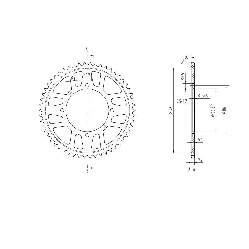 Technical drawing of a BikeMaster Kawasaki rear steel sprocket 428 54T black