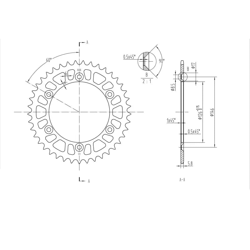 Technical drawing of BikeMaster Kawasaki rear steel sprocket 520 41T black