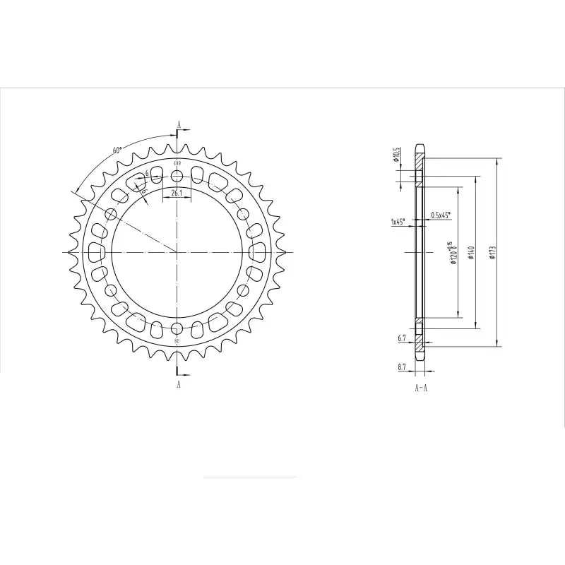 Technical drawing of a BikeMaster Kawasaki rear steel sprocket 530 38T black