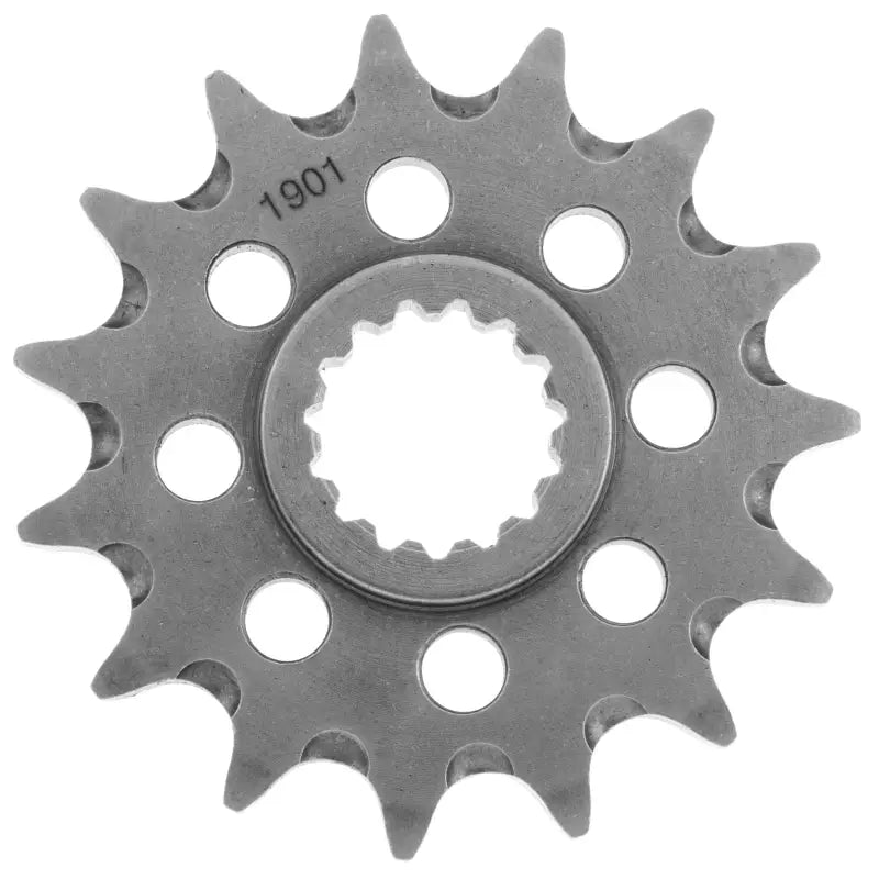 Gray metal BikeMaster KTM front sprocket with teeth and circular cutouts for bike upgrades