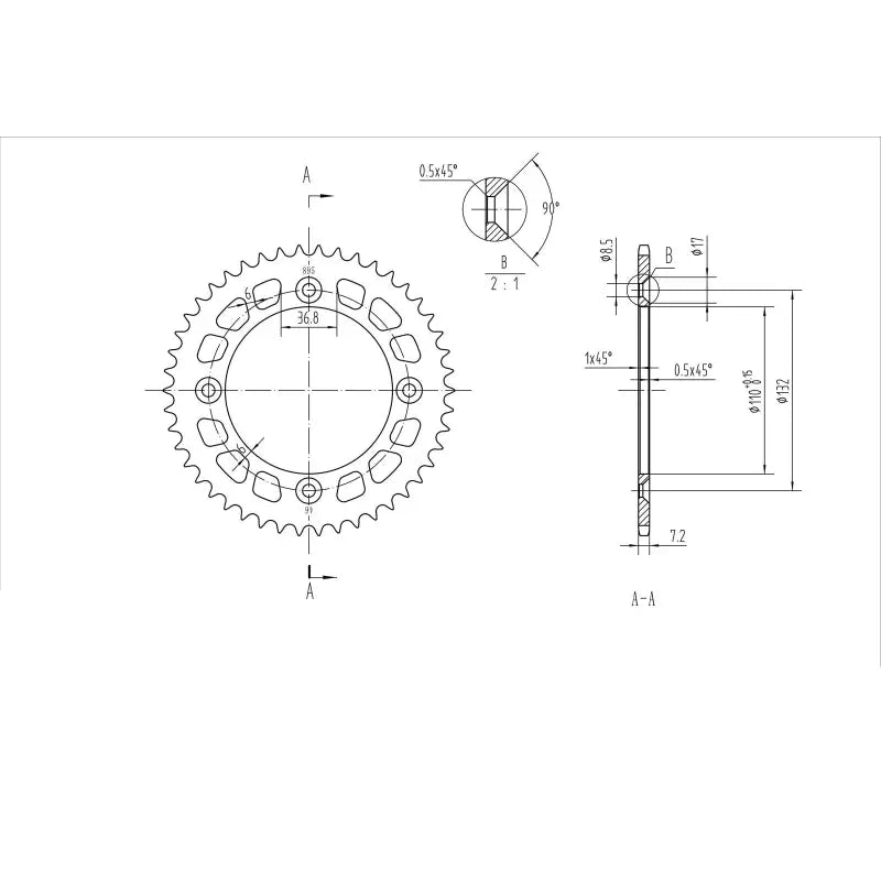 Technical drawing of BikeMaster KTM Rear Steel Sprocket 428 46T Black rear steel sprocket