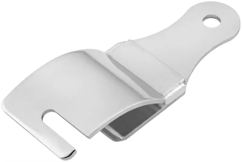 Polished metal bracket with hook and mounting hole for BikeMaster Off Road Tire Tool