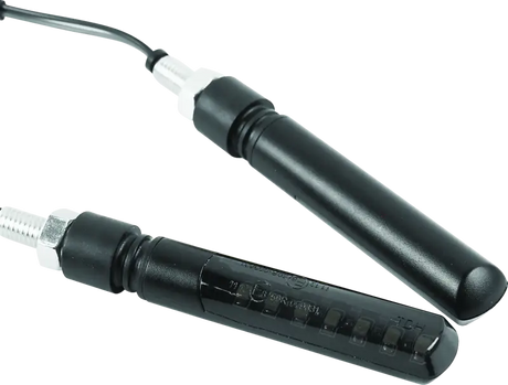Black cylindrical BikeMaster Sequential turn signals with sleek design for bikes