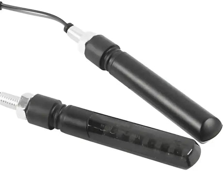 Black motorcycle turn signals showcasing BikeMaster Sequential front turn signal sleek design