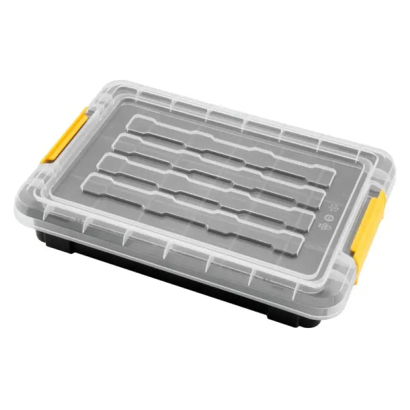 Rectangular plastic small parts organizer with yellow handles for BikeMaster Small Parts