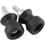 Black motorcycle swingarm spools from BikeMaster spool kit for easy track stand setup