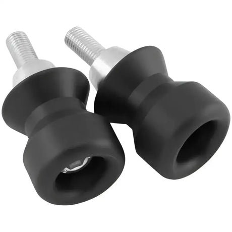 Black motorcycle swingarm spools from BikeMaster spool kit for easy track stand setup