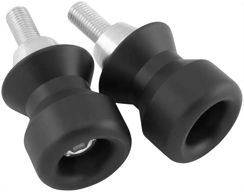 Black motorcycle swingarm spools from BikeMaster Spool Kit for easy bike lifting