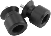 Black motorcycle swingarm spools from BikeMaster Spool Kit for easy bike lifting