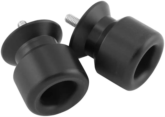 Black motorcycle swingarm spools from BikeMaster Spool Kit for easy bike lifting