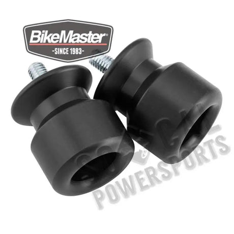 Black motorcycle swingarm spools from the BikeMaster Spool Kit for easy lifting and handling
