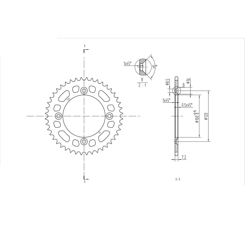 Technical drawing of a BikeMaster Suzuki rear steel sprocket 428 44T black