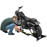 Black motorcycle on a wheeled platform with BikeMaster Suzuki rear steel sprocket
