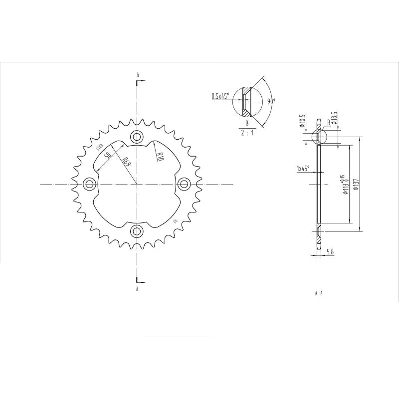 Technical drawing of a BikeMaster Suzuki rear steel sprocket 520 36T black