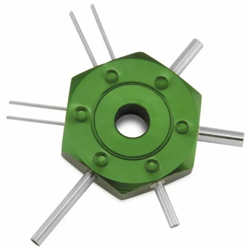 Green hexagonal bikemaster terminal tool with metal rods for bike repairs