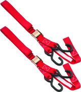 Two red BikeMaster Tiedown straps with integrated softhook for secure hauling